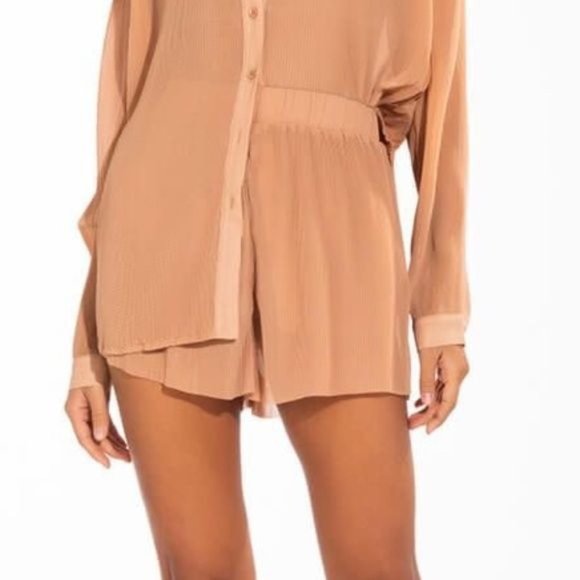 Callie Pleats Please: Sheer Tan Chiffon Accordion Pleated Lounge Shorts  M XL - Picture 3 of 10